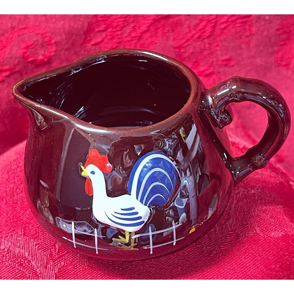 Japanese Red-ware Lusterware Mini Jug Creamer Hand Painted Rooster Made in Japan